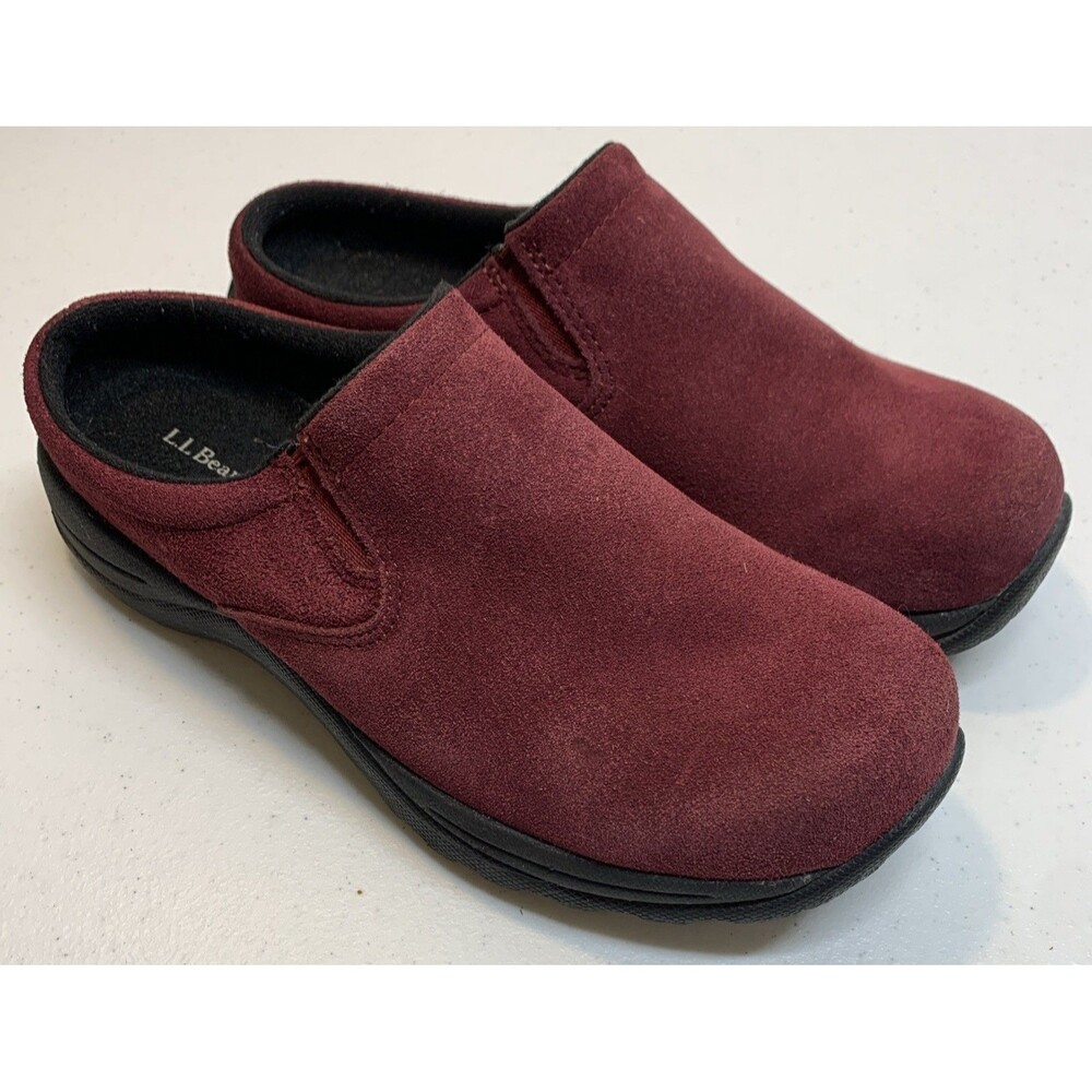 LL Bean Clogs Mules Womens 8 Burgundy Leather Suede Slip On Comfort Shoes